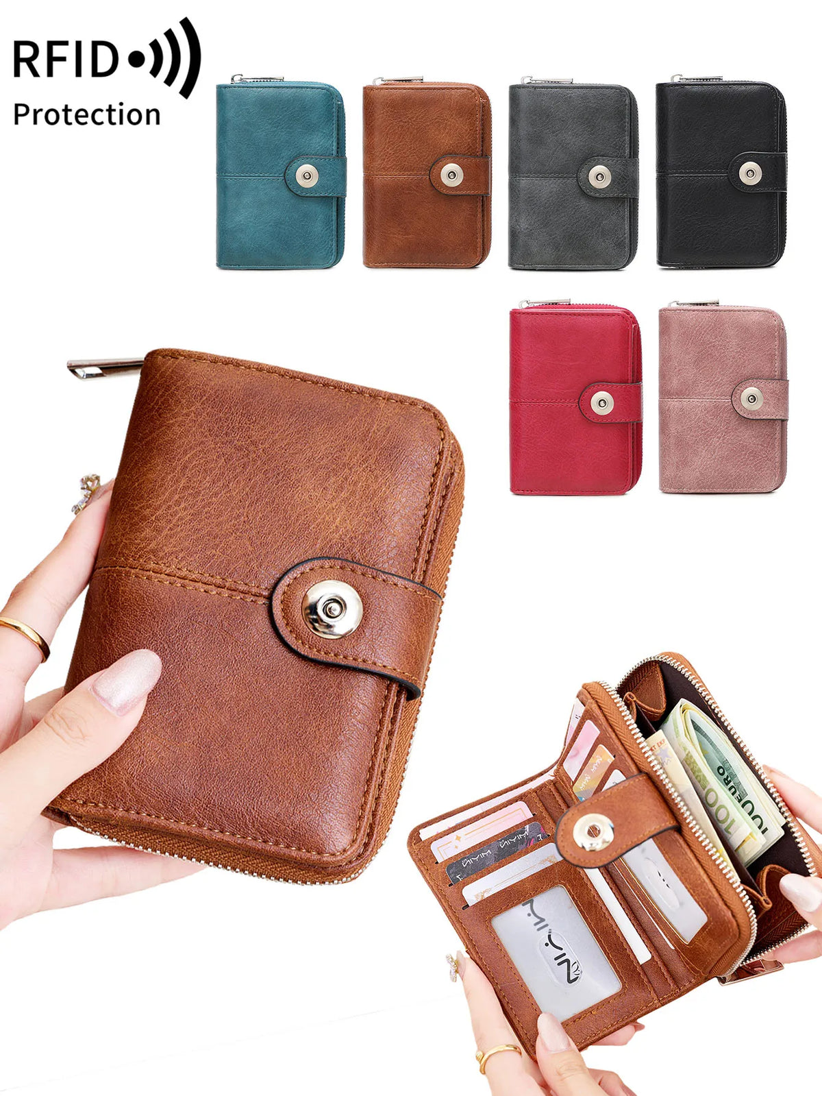 Various colors and styles of RFID blocking wallets shown alongside a brown leather wallet being held by a hand.