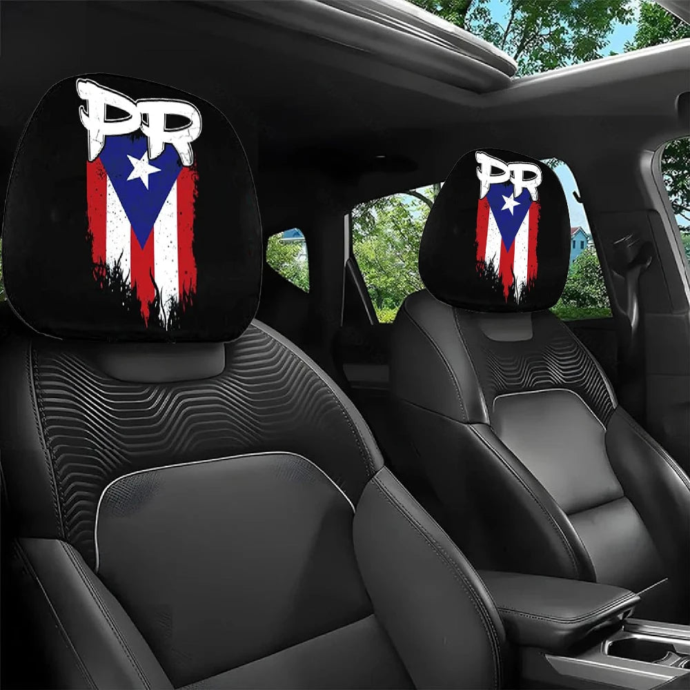 Black leopard print headrest covers for vehicle seats with patriotic graphic designs
