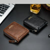 A brown retro PU leather men's wallet is shown next to a black leather wallet on a dark surface.