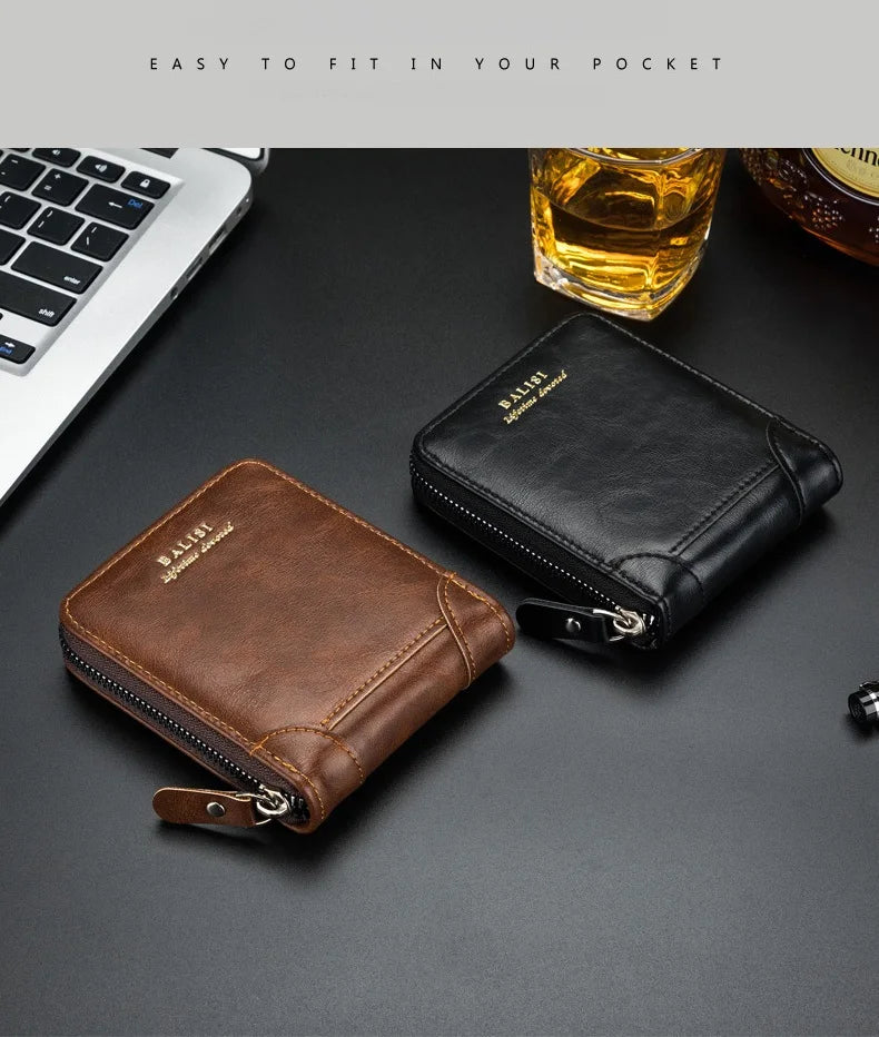 A brown retro PU leather men's wallet is shown next to a black leather wallet on a dark surface.
