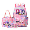 A pink multi-compartment backpack set featuring cute anime-style characters on a floral background.