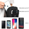 Black tactical utility pouch demonstrating phone mounting capabilities for various screen sizes.