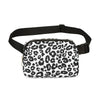 Black and white leopard print waist bag or fanny pack with a black strap