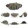 A camouflage tactical waist pack made of durable nylon is shown in various views.
