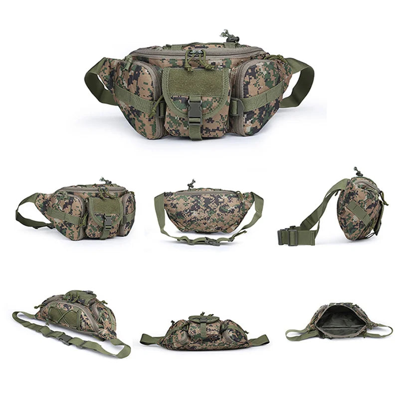 A camouflage tactical waist pack made of durable nylon is shown in various views.