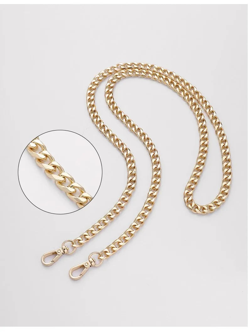 A close-up view of a gold chain strap for handbags and crossbody bags