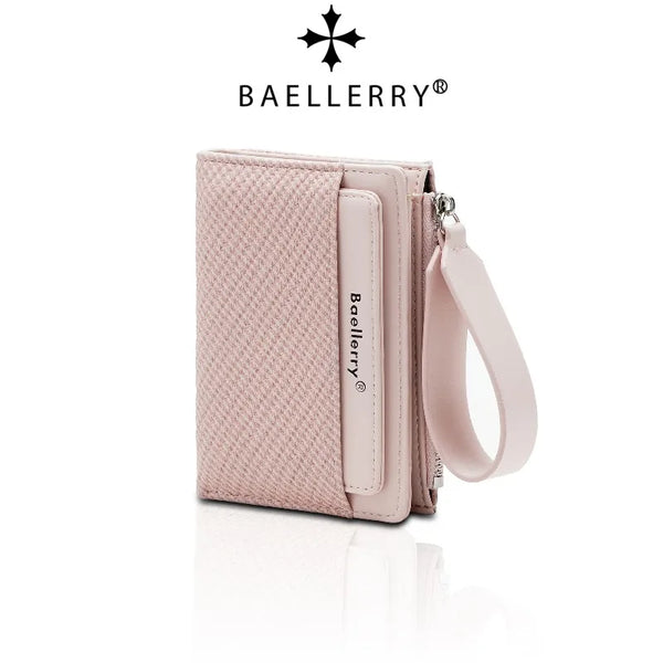 A light pink Baellerry zip-around wallet with card slots and a leather strap.