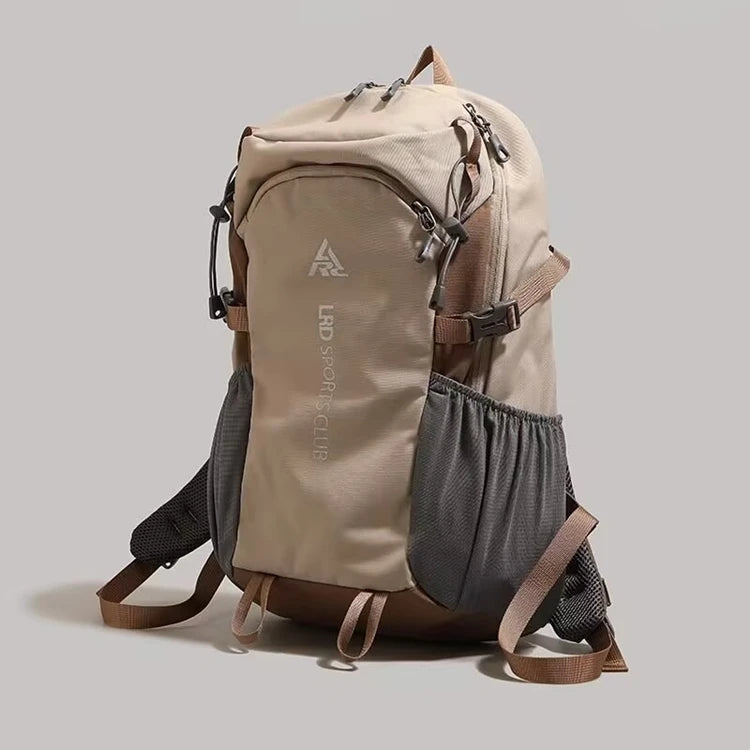 A tan and gray durable 80L waterproof hiking backpack shown from the front.