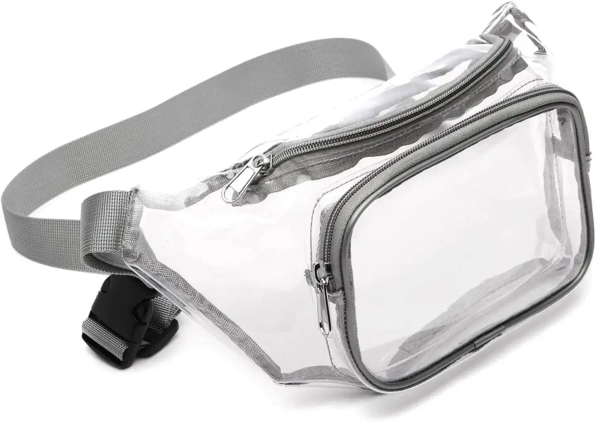 Clear waterproof transparent fanny pack with a gray strap and zipper.