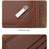 Close-up of a brown leather wallet showing the hardware logo and tight stitching detail.