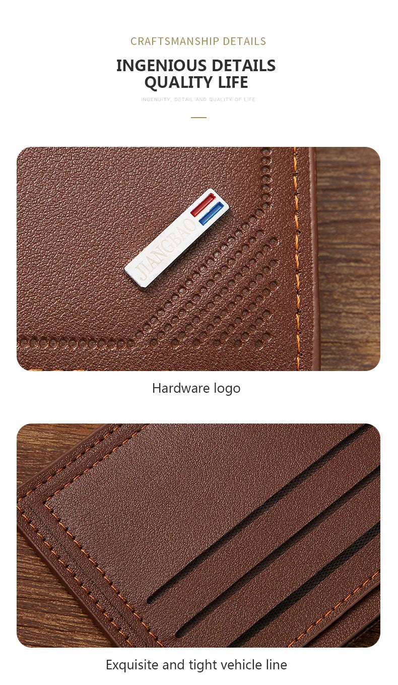 Close-up of a brown leather wallet showing the hardware logo and tight stitching detail.
