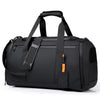 A black large capacity travel duffel bag with padded straps and a zipper pull.