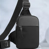 A black canvas crossbody sling bag with a padded strap and zipper detail.