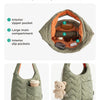 A quilted green nylon shoulder bag showing interior and exterior pockets, including a zip pocket, main compartment, and slip 