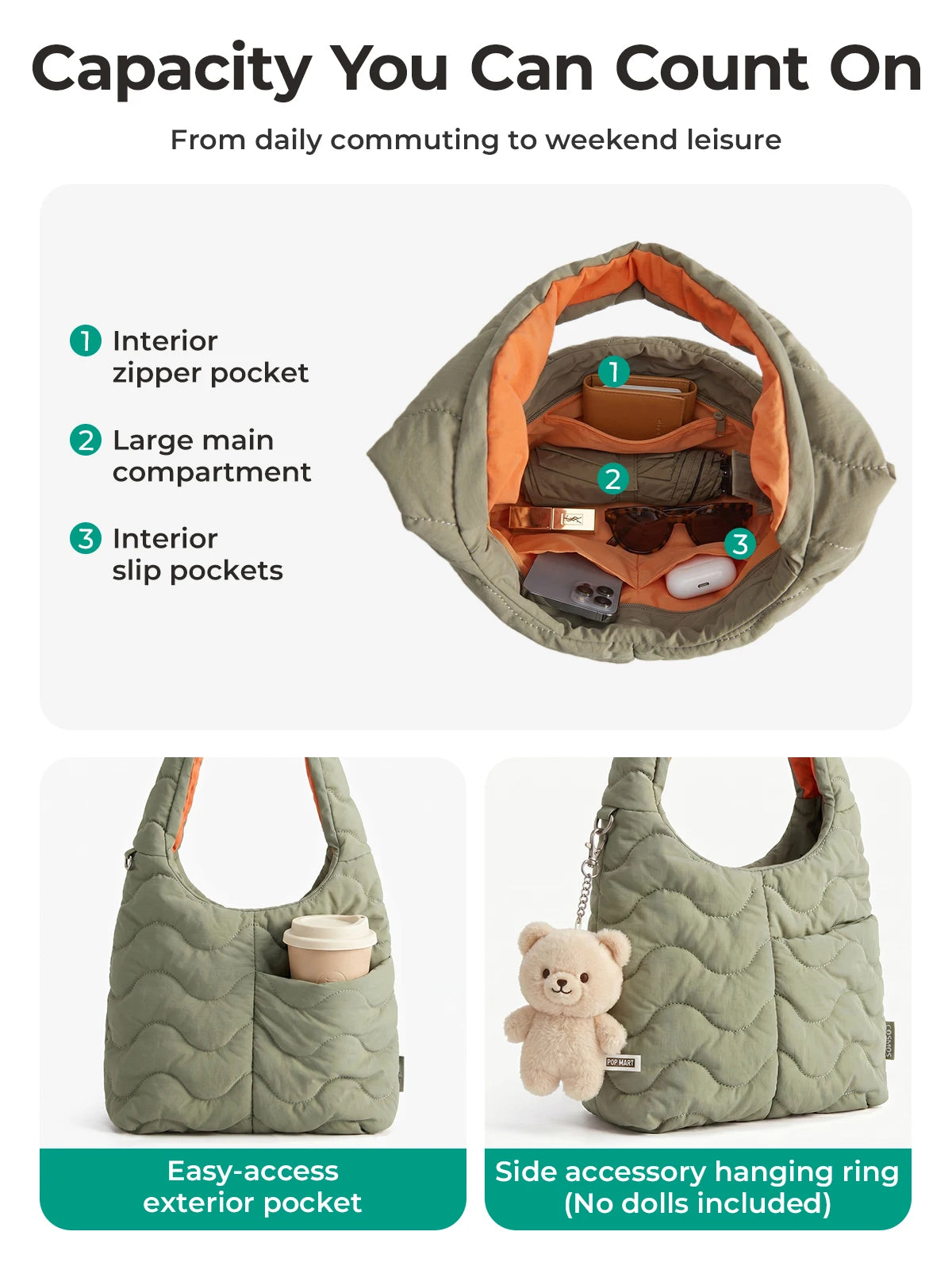 A quilted green nylon shoulder bag showing interior and exterior pockets, including a zip pocket, main compartment, and slip 