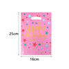 A pink gift bag with a star pattern and the text HAPPY Birthday in gold script.