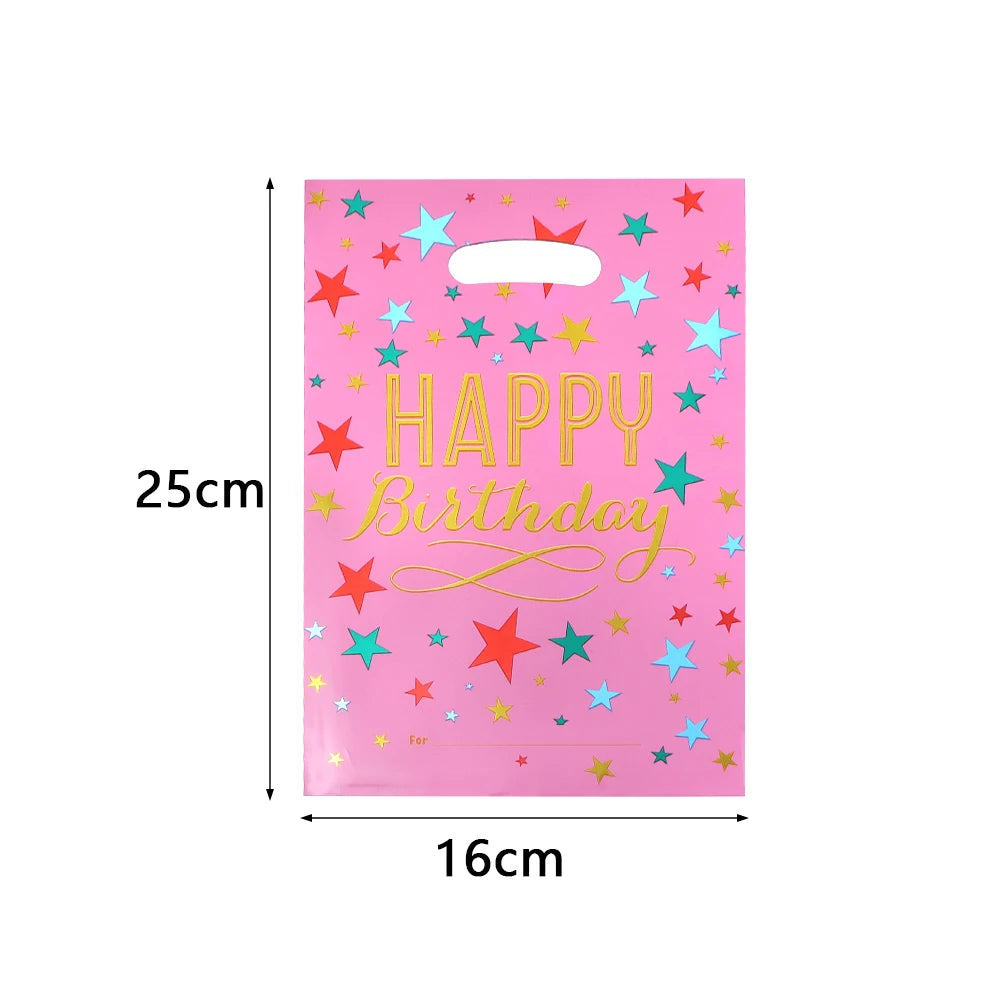 A pink gift bag with a star pattern and the text HAPPY Birthday in gold script.