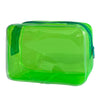 A transparent green PVC travel makeup bag with a zipper closure.
