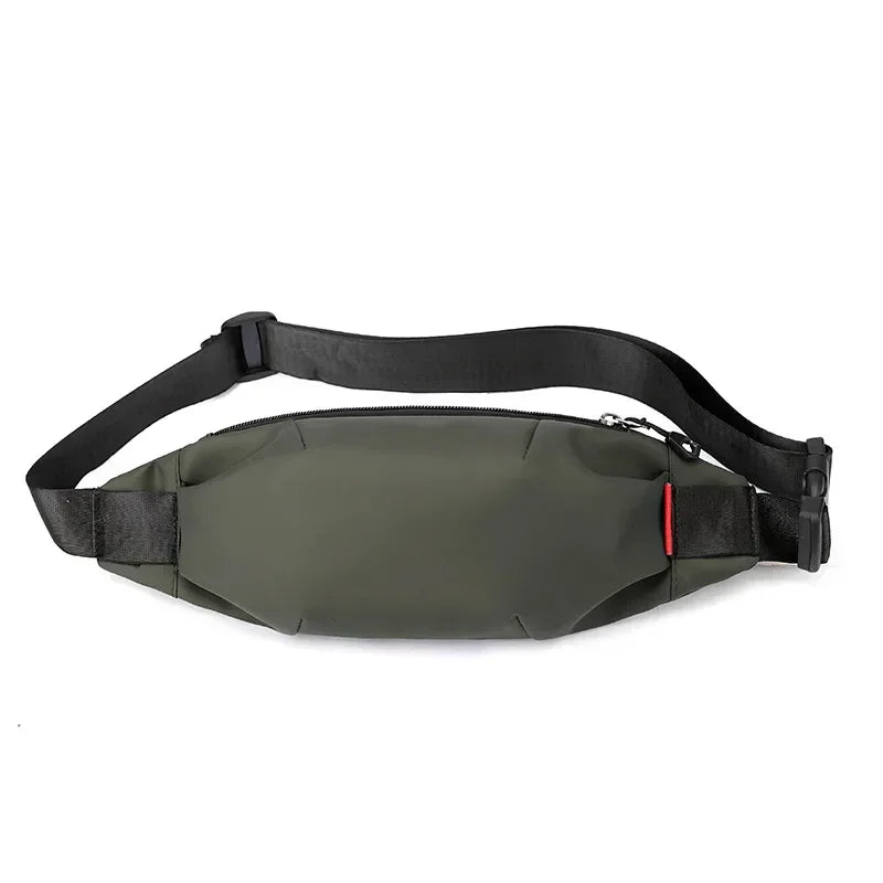 A dark olive green water-resistant nylon waist bag with an adjustable strap.