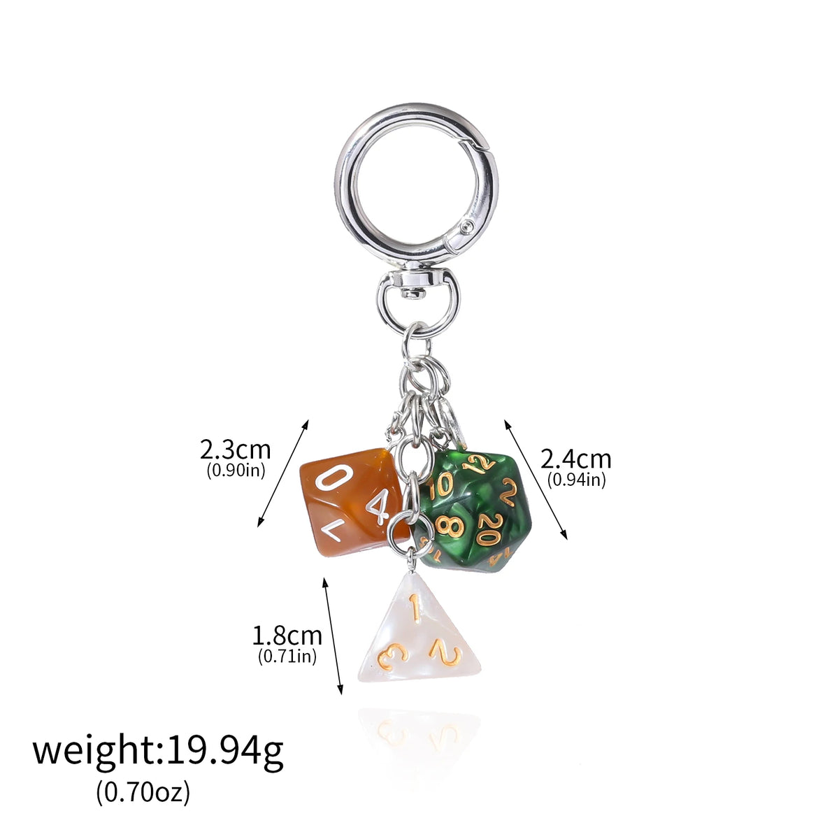 A silver keychain charm featuring three acrylic dice with numbers and a triangular piece.