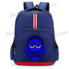 A dark blue cartoon anime backpack featuring a blue character design on the front.