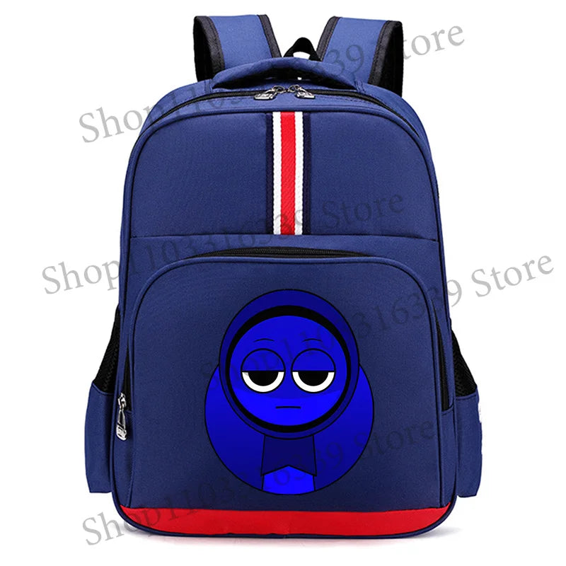 A dark blue cartoon anime backpack featuring a blue character design on the front.