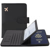 Black PU leather passport holder with credit card slots and a logo on the cover