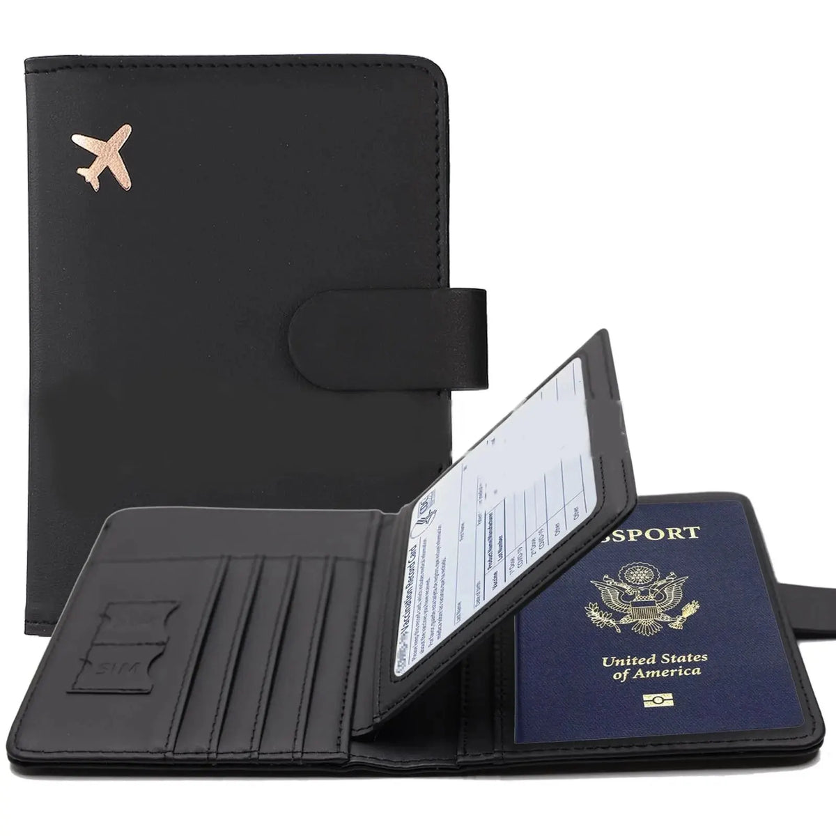 Black PU leather passport holder with credit card slots and a logo on the cover