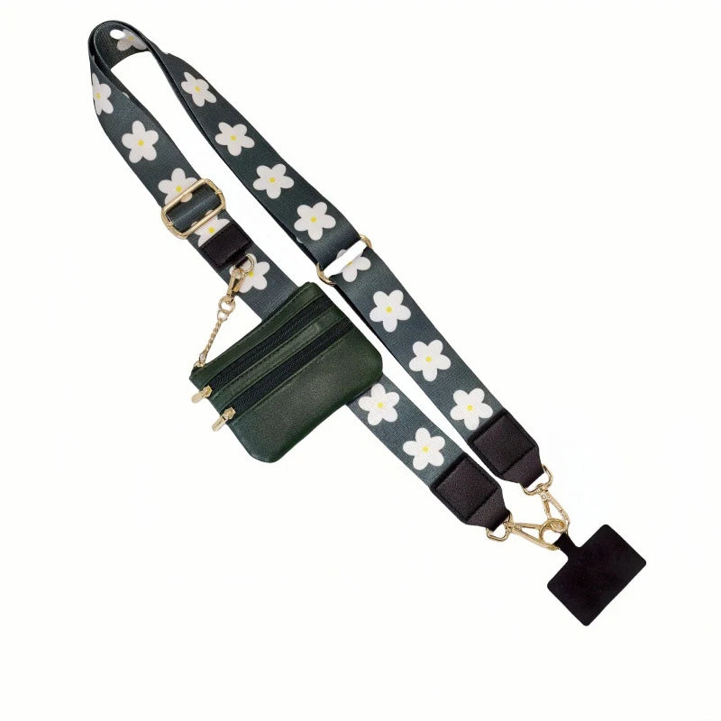 A dark green and white patterned lanyard with a leather wallet and a black tassel.
