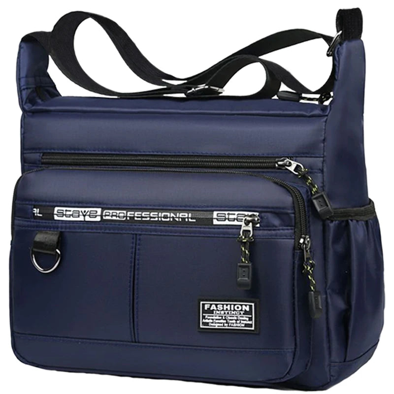 Navy blue men's business crossbody bag with multiple zippered compartments and leather accents.