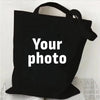 Sac de courses en toile noire avec du texte blanc indiquant Votre photo