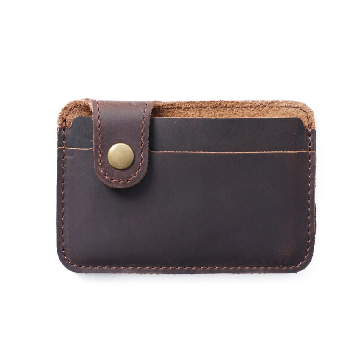 Porta tarjetas delgado de cuero genuino marrón oscuro con forro de gamuza y costura de latón.