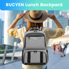 A woman wearing a yellow shirt is holding a gray insulated lunch backpack outdoors.