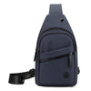 A dark blue lightweight nylon crossbody sling bag with a flap closure and adjustable strap.