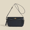 A dark navy genuine leather square shoulder crossbody bag with a gold hardware strap.