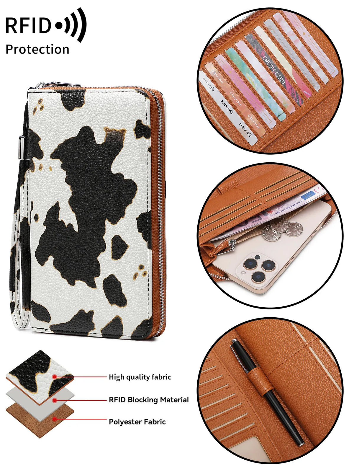 A black and white cow print wallet made of polyester fabric with RFID blocking material.