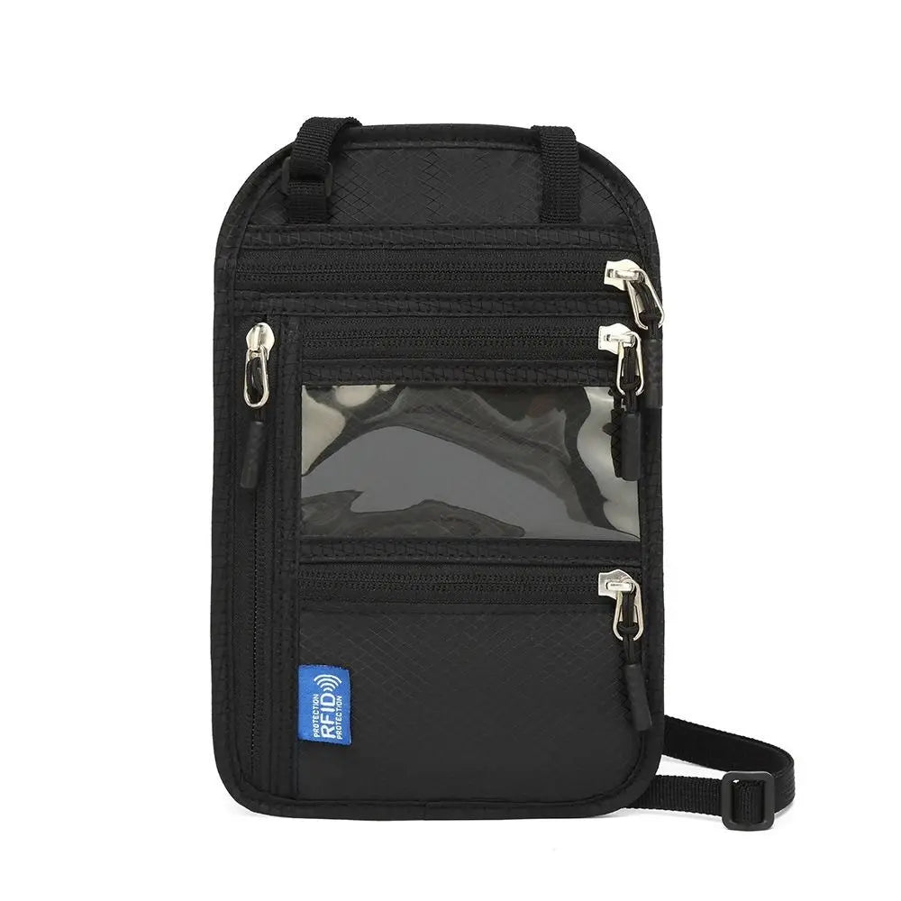 Black RFID-blocking travel neck wallet with a clear window and adjustable strap.