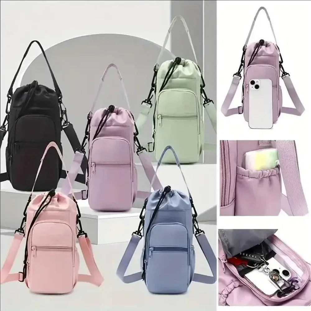 Various pink and purple insulated crossbody bags featuring phone pockets shown in different angles