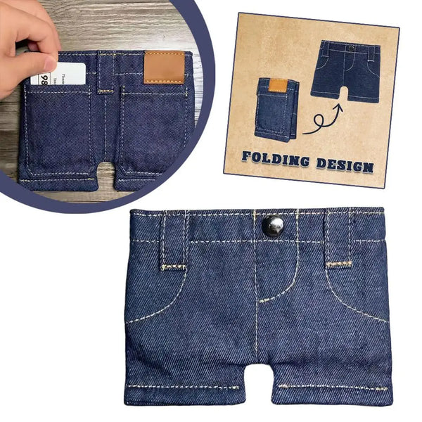 Un short en denim bleu foncé avec une fonctionnalité à pliage, montré à côté d'une carte.