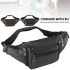 Black cowhide leather fanny pack with PU lining shown in various angles
