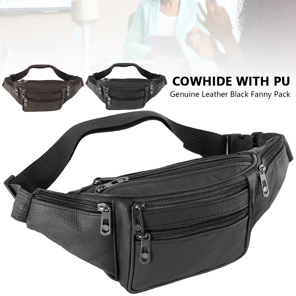 Black cowhide leather fanny pack with PU lining shown in various angles