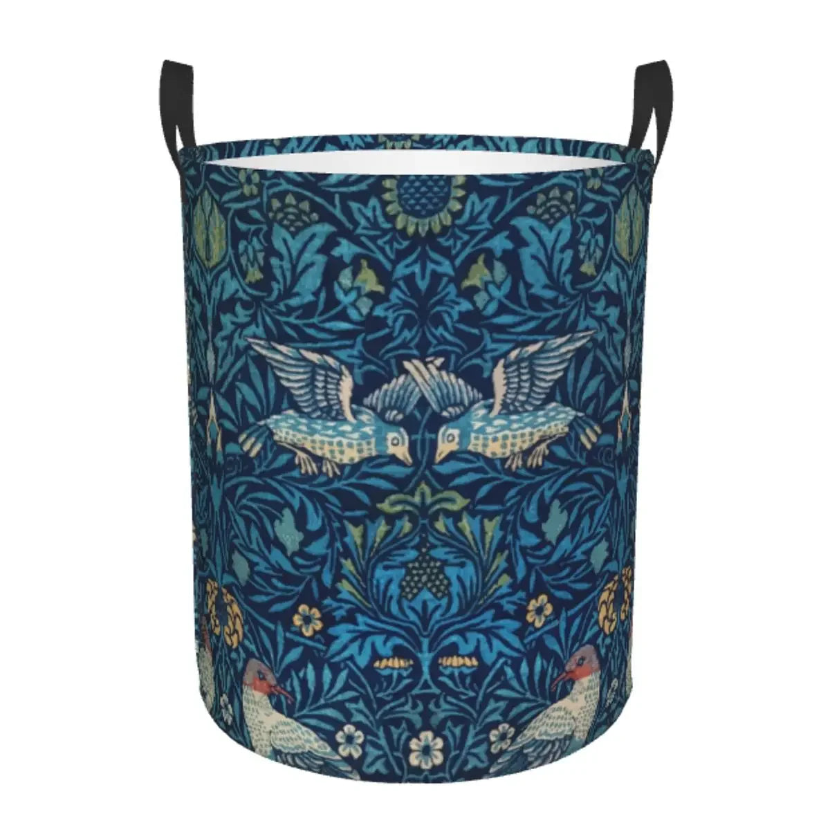 A dark blue floral patterned laundry hamper with black handles.