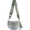 A checkered green and white patterned crossbody sling bag with a matching olive green adjustable strap.