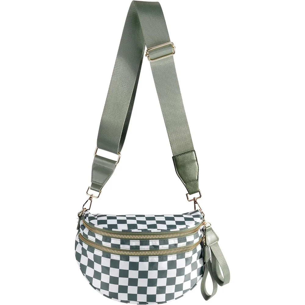 A checkered green and white patterned crossbody sling bag with a matching olive green adjustable strap.