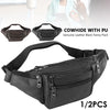 Black cowhide leather fanny pack with PU lining shown in multiple angles