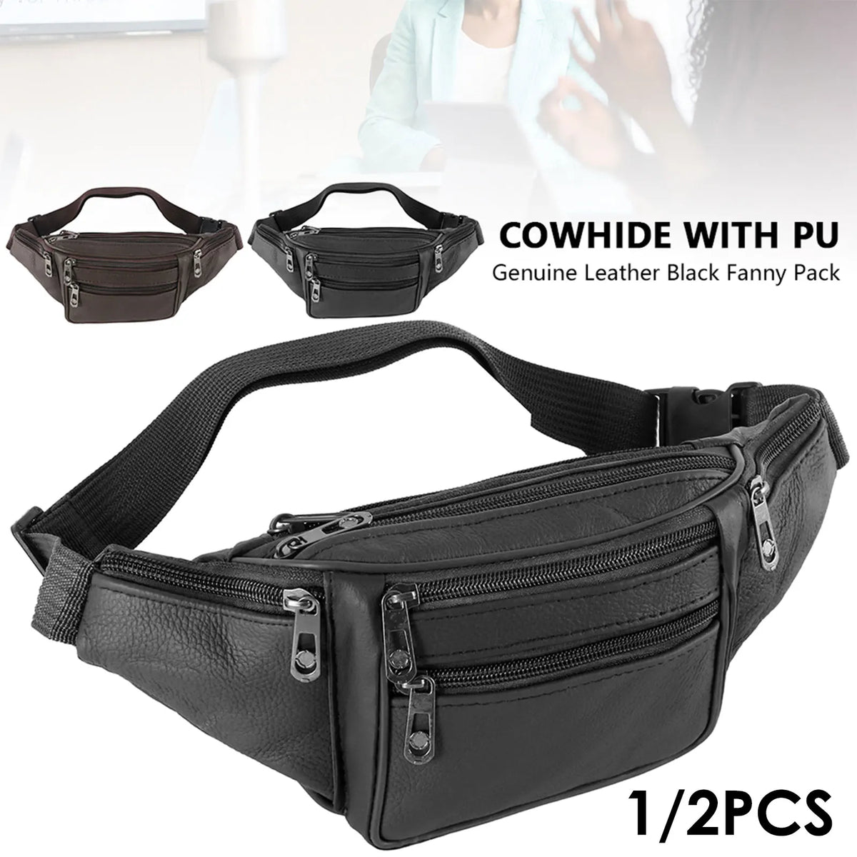 Black cowhide leather fanny pack with PU lining shown in multiple angles
