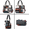 Un ensemble de quatre sacs crossbody en cuir PU à motifs tartan gris, noir et marron avec des charms en fausse fourrure.