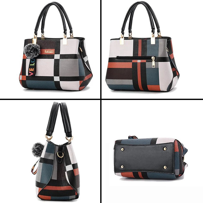 Un ensemble de quatre sacs crossbody en cuir PU à motifs tartan gris, noir et marron avec des charms en fausse fourrure.