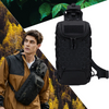 A black tactical multi-pocket sling bag is shown next to a man wearing a brown jacket in an outdoor setting.