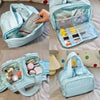 A light blue multipocket travel toiletry bag is shown open and closed, displaying various cosmetic and grooming products.